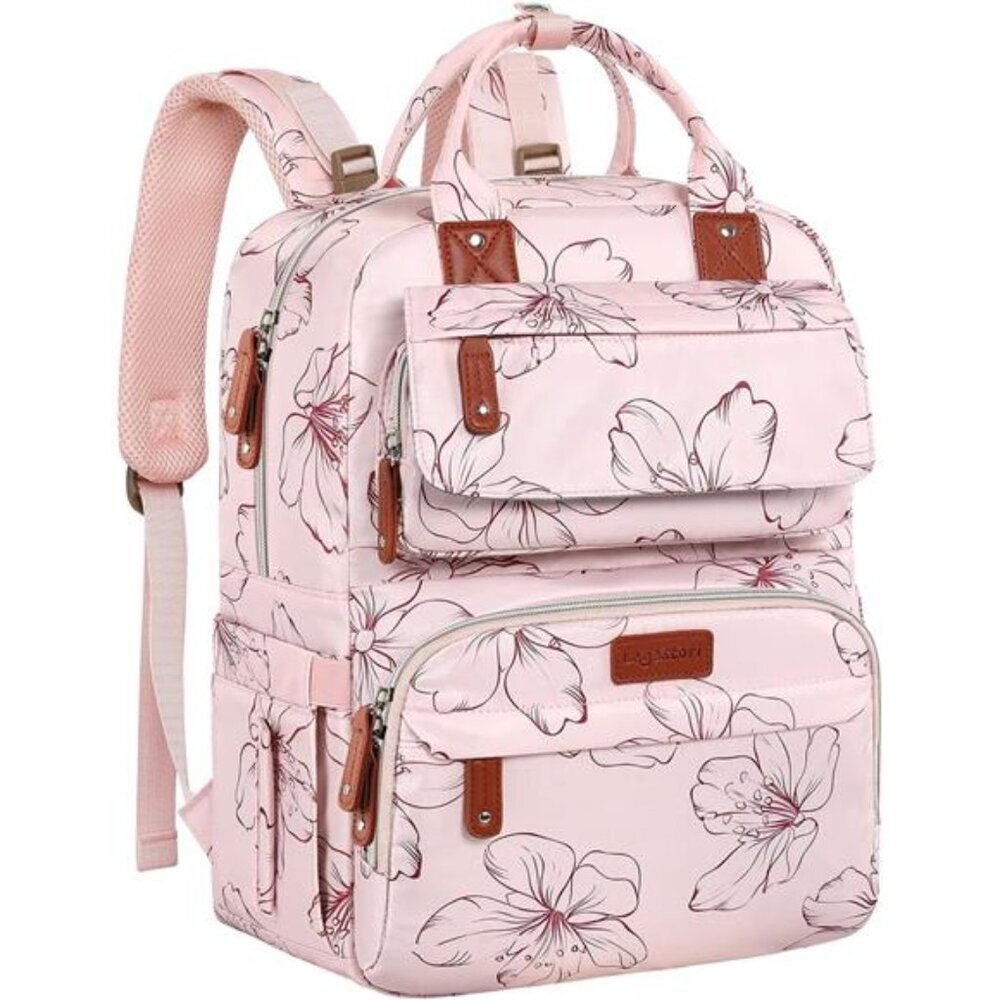 Floral Printed Diaper Backpack for Moms - Large Pink Bag with Insulated Pockets